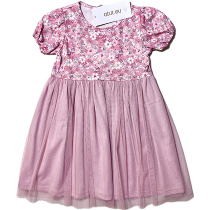 Sukienka bawełniana z krótkim rękawem, z tiulem  ATUT - KWIATKI