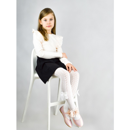 Rajstopy dziecięce bawełniane/ażurowe  NOVITI - BIAŁE - WZORZYSTE z kokardą