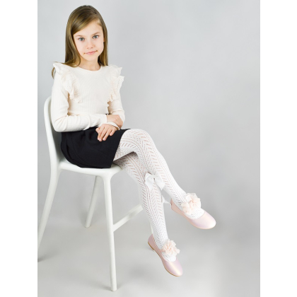 Rajstopy dziecięce bawełniane/ażurowe  NOVITI - BIAŁE - WZORZYSTE z kokardą