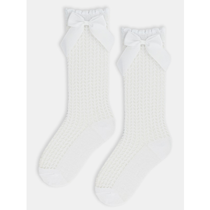 Podkolanówki bawełniane / Ażurowe z kokardą NOVITI - BIAŁE